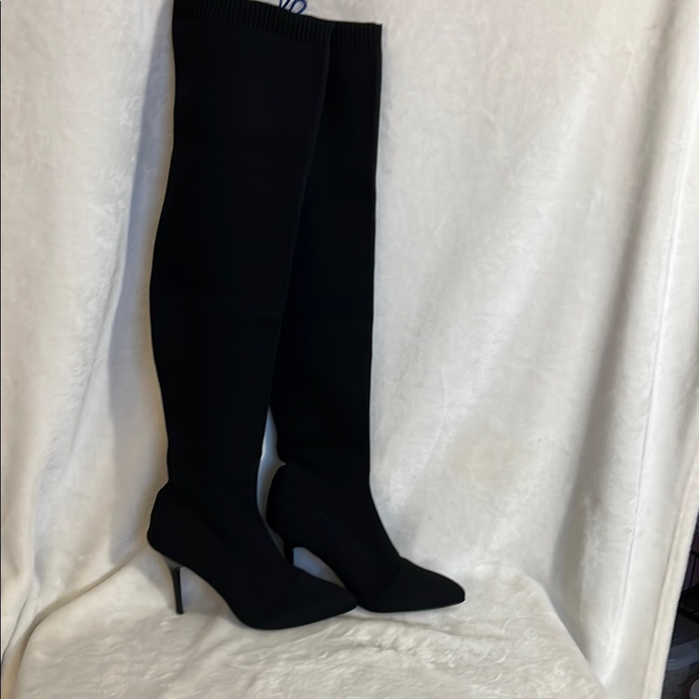 Sleek Black over knee fabric Boots with 4” Stiletto Heel